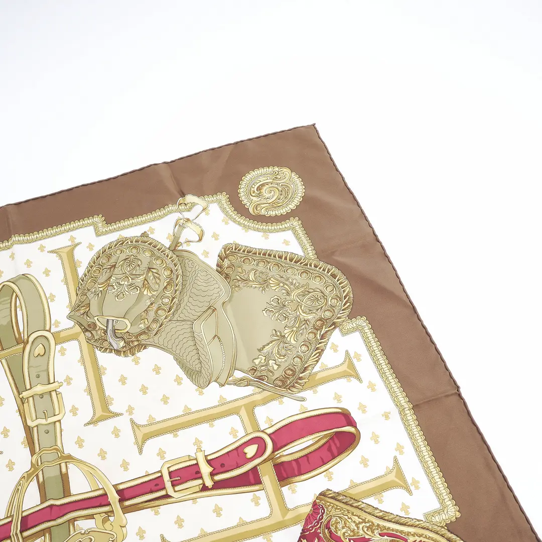 Hermes Selles a Housse Brown Silk Scarf