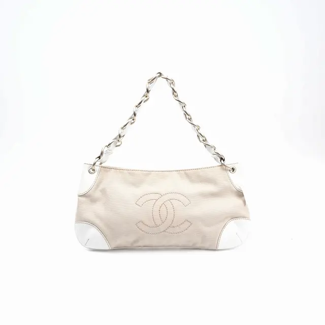 Chanel CC Stitched Beige Canvas Shoulder Bag