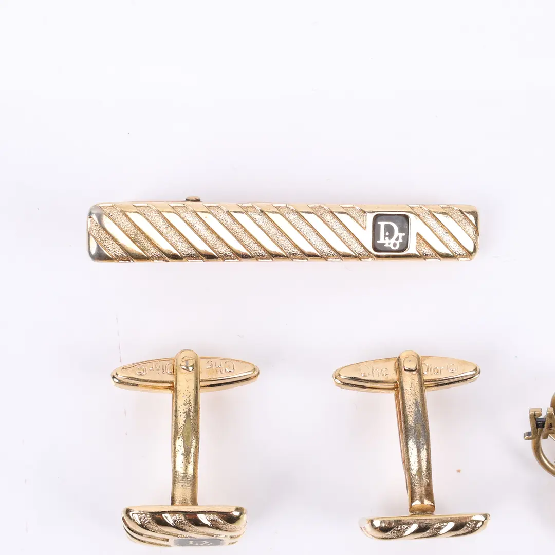 Dior Vintage Logo Gold Cufflinks Tie Bar and Earrings Set