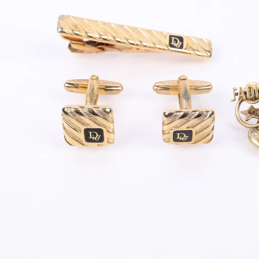 Dior Vintage Logo Gold Cufflinks Tie Bar and Earrings Set