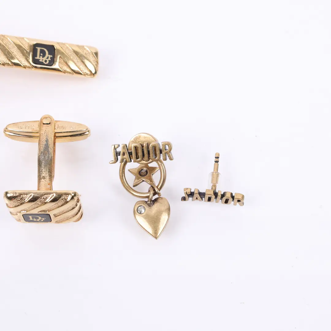 Dior Vintage Logo Gold Cufflinks Tie Bar and Earrings Set