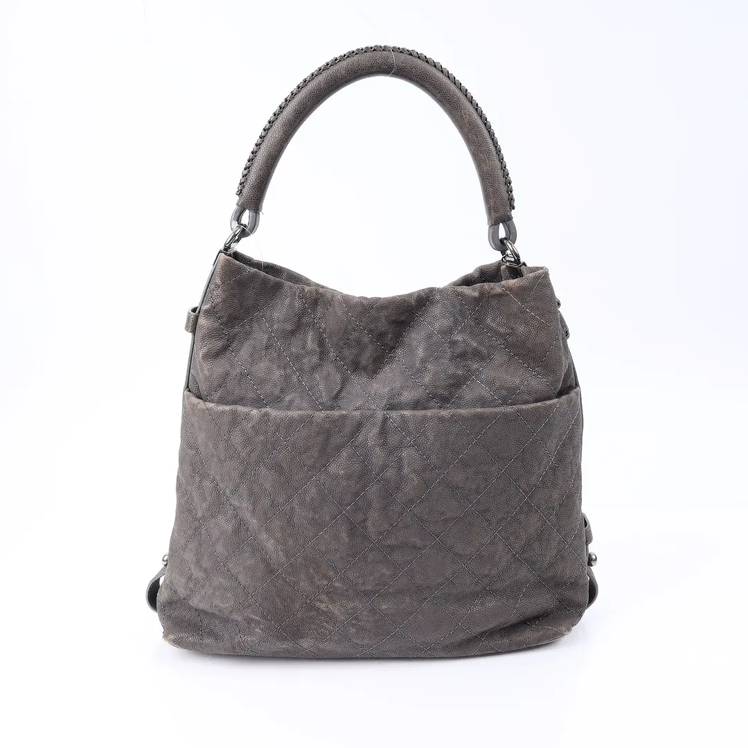 Chanel CC Hobo Gray Caviar Leather Shoulder Bag