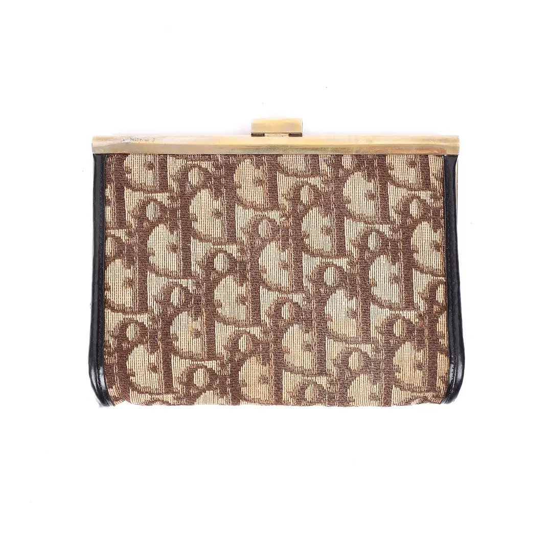 Dior Vintage Trotter Brown Canvas Kiss Lock Clutch