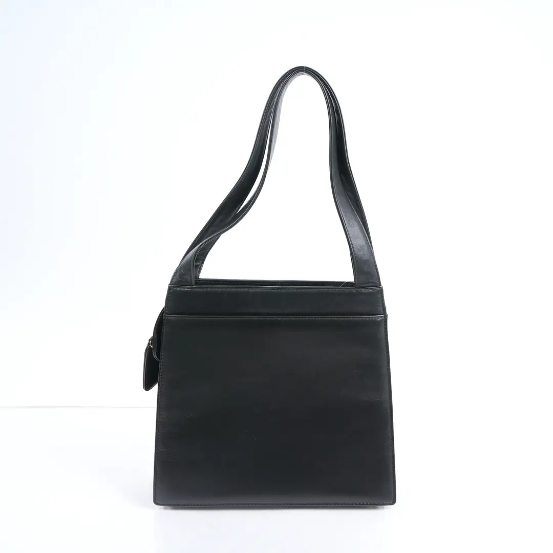 Chanel Vintage Embossed Logo Black Leather Shoulder Bag