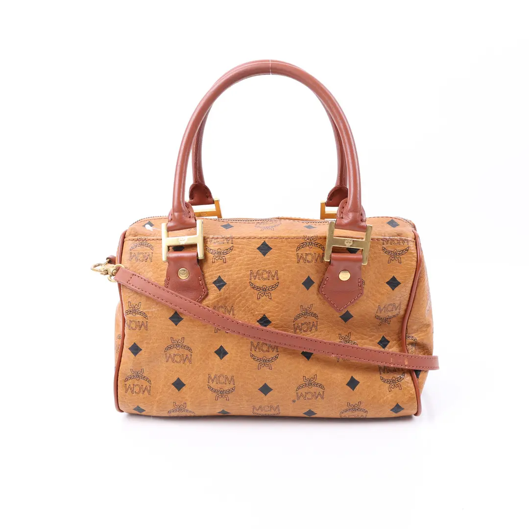 MCM Visetos Boston Brown Canvas Shoulder Bag
