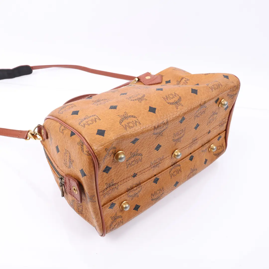 MCM Visetos Boston Brown Canvas Shoulder Bag