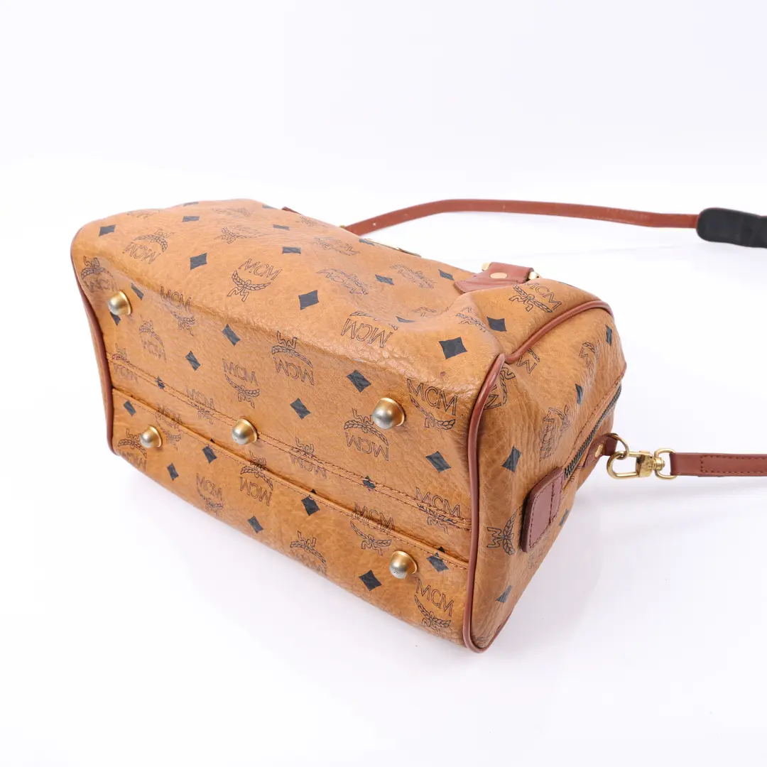MCM Visetos Boston Brown Canvas Shoulder Bag