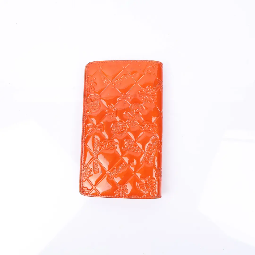 Chanel Icon Embossed Orange Patent Leather Wallet