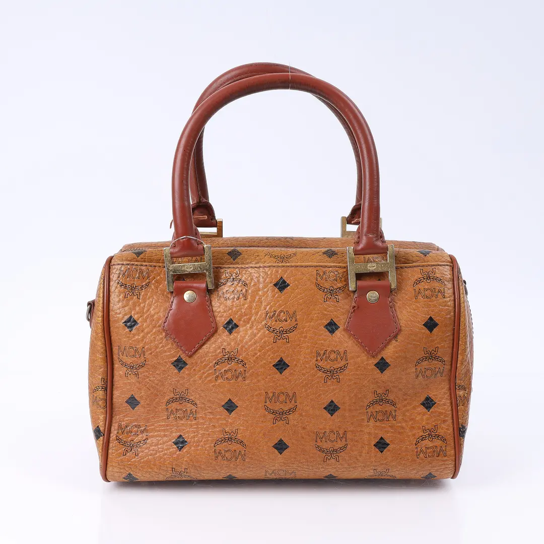 MCM Visetos Brown Canvas Boston Bag