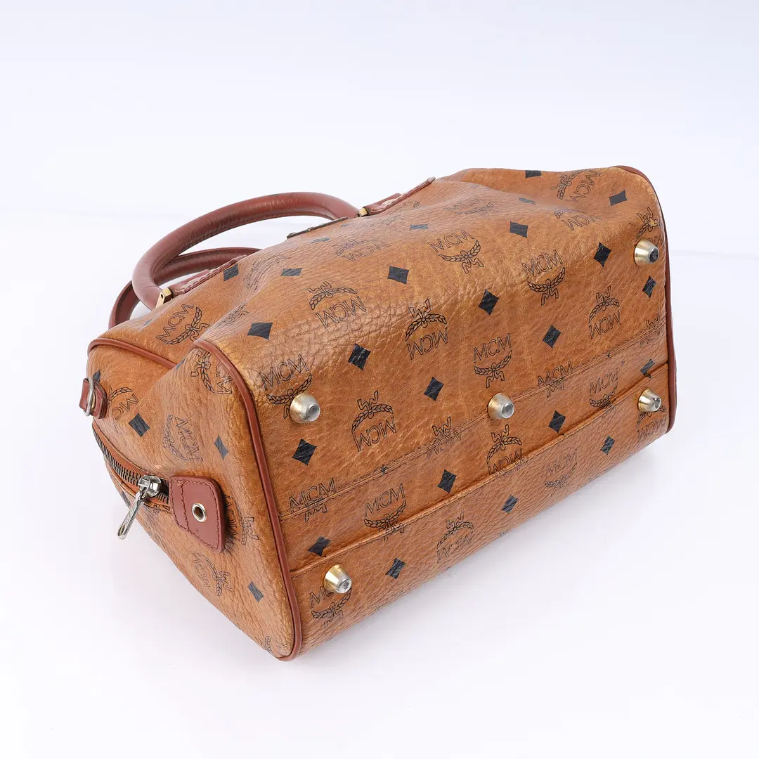 MCM Visetos Brown Canvas Boston Bag