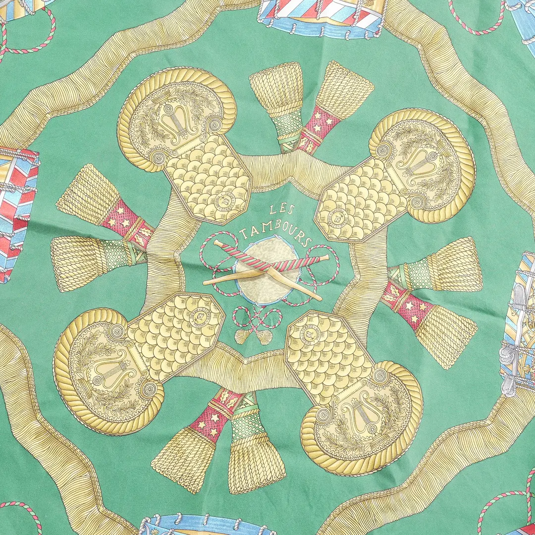 Hermes Les Tambours Green Silk Scarf