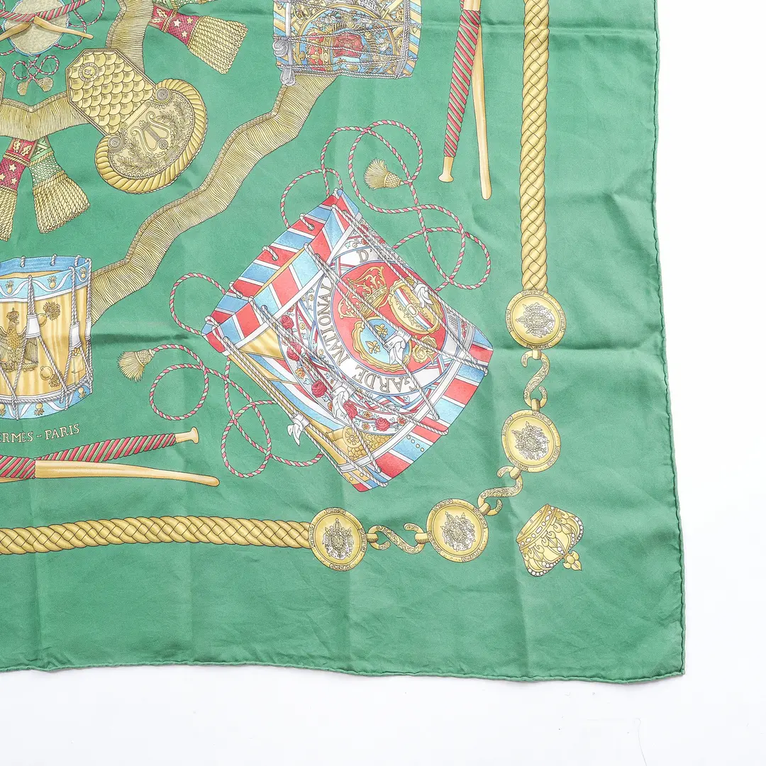 Hermes Les Tambours Green Silk Scarf