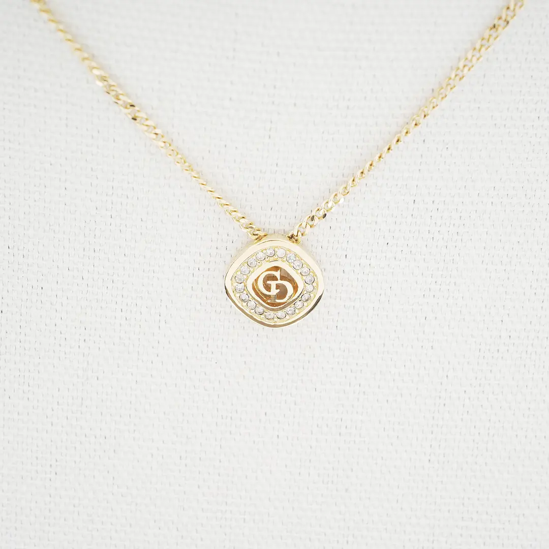 Dior CD Logo Gold Rhinestone Pendant Necklace
