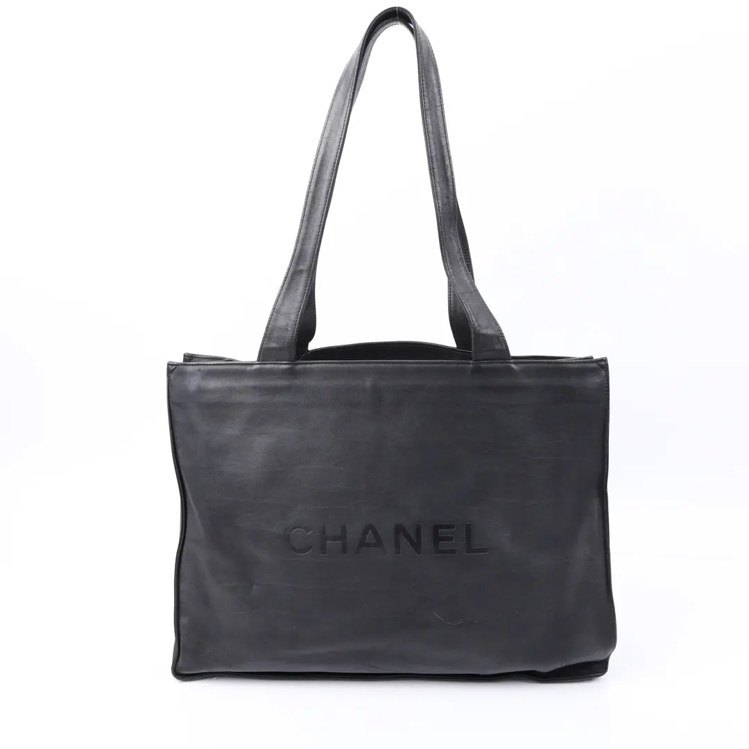 Chanel CC Logo Black Leather Tote Bag