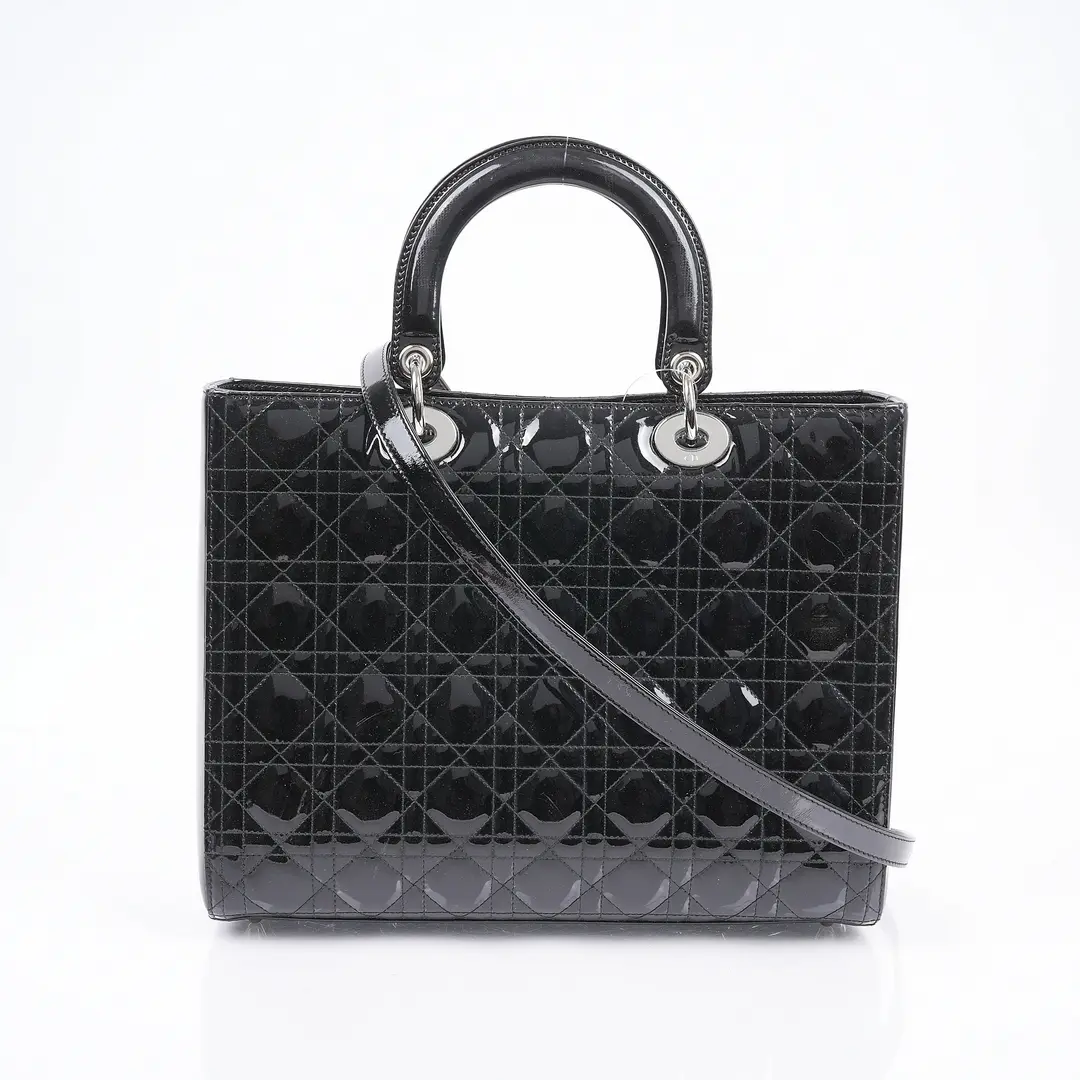 Dior Lady Dior Black Patent Leather Medium Shoulder Bag