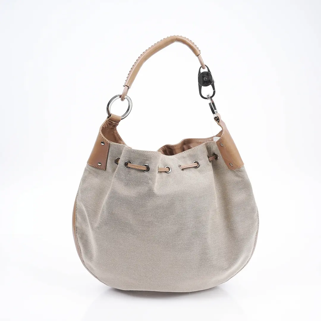 Gucci Drawstring Hobo Beige Canvas Shoulder Bag