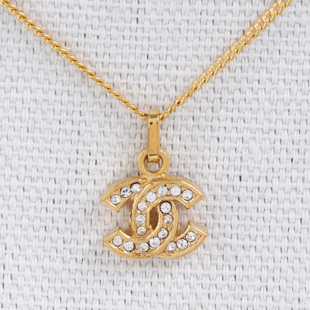 Chanel CC Logo Gold Rhinestone Vintage Necklace