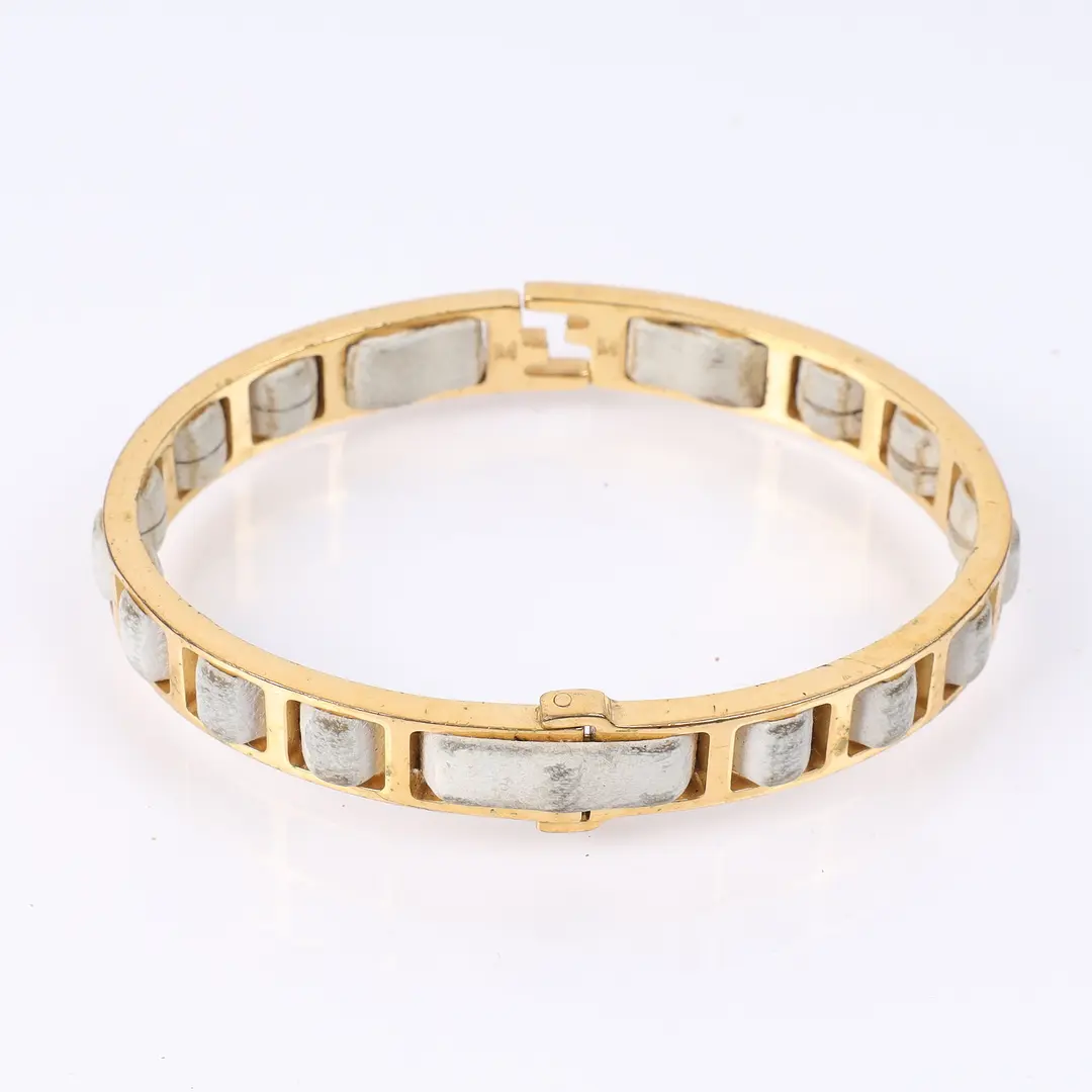 Fendi Selleria FF Gold Gray Leather Bangle Bracelet