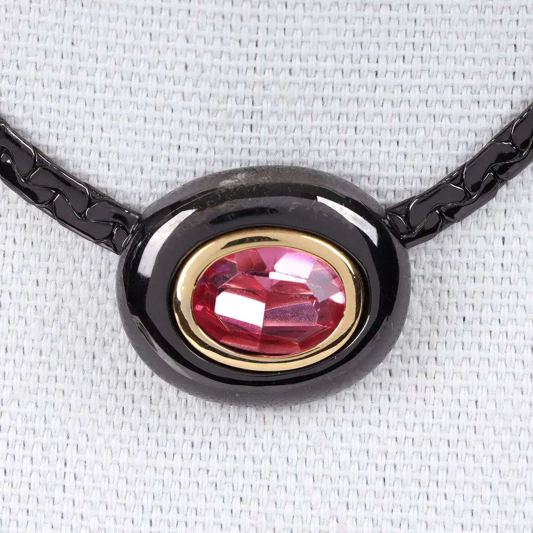 Yves Saint Laurent Vintage Pink Crystal Black Choker Necklace