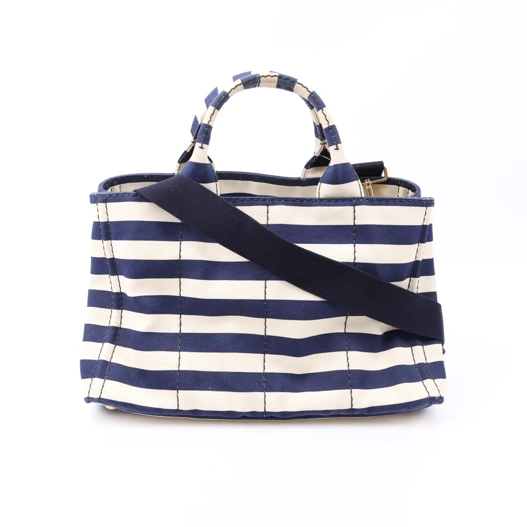 Prada Canapa Blue Striped Canvas Tote Bag