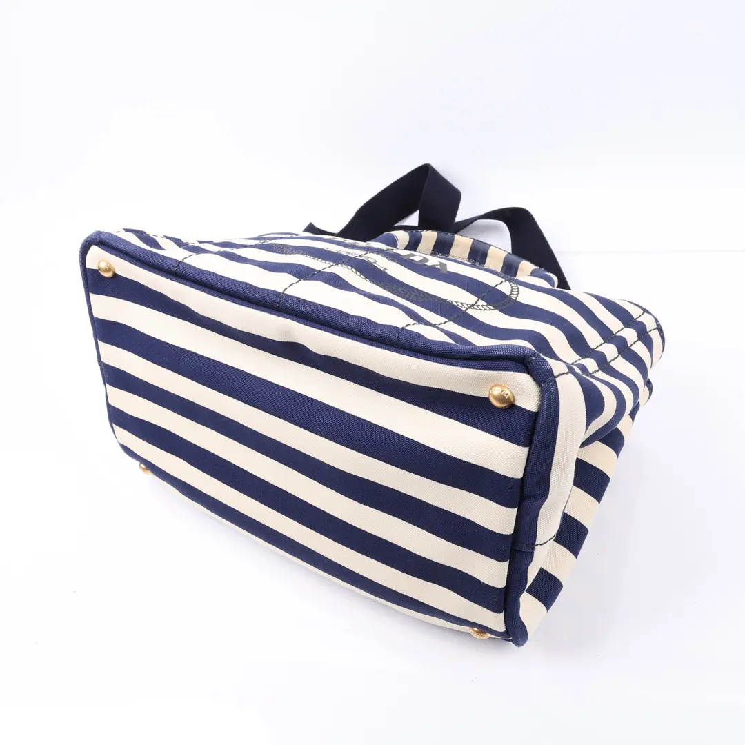 Prada Canapa Blue Striped Canvas Tote Bag