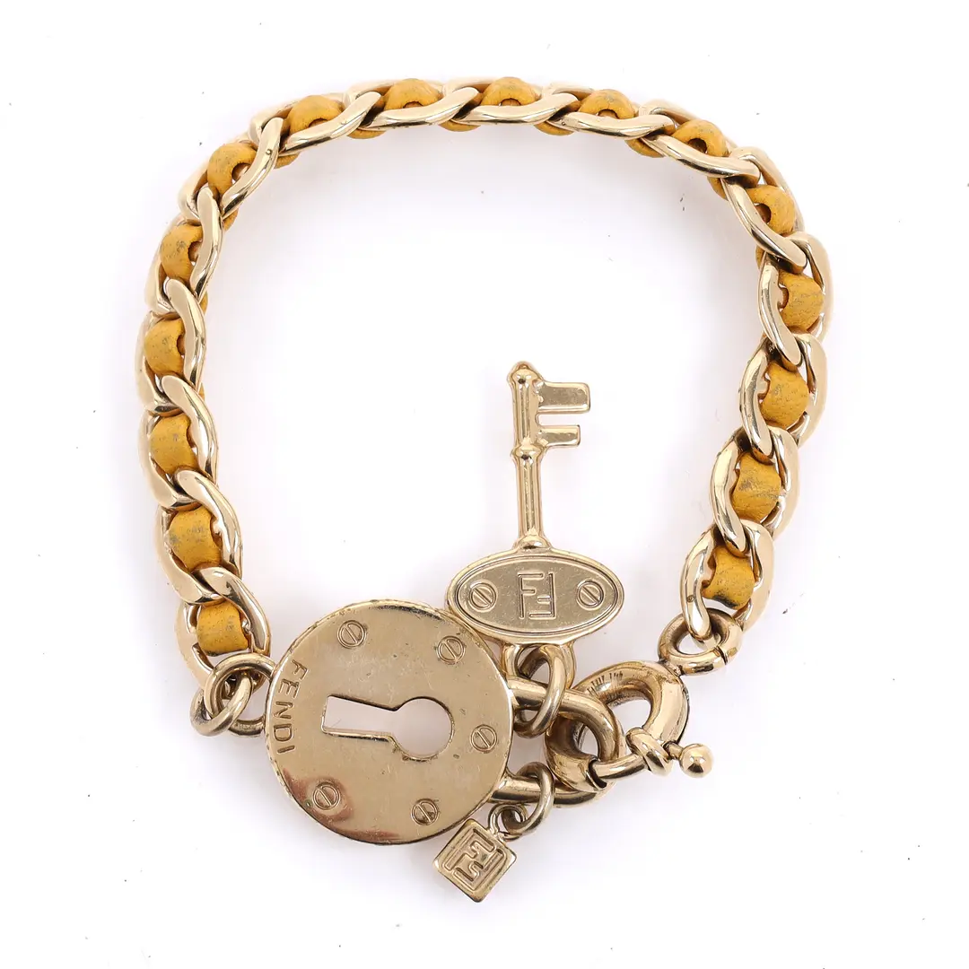 Fendi Lock and Key Yellow Leather Chain Bracelet