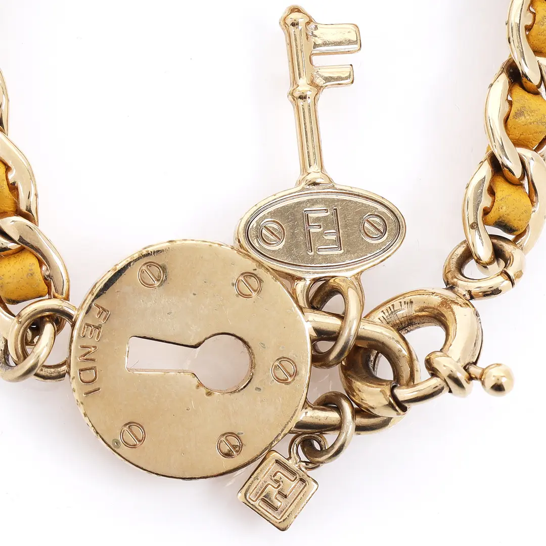 Fendi Lock and Key Yellow Leather Chain Bracelet