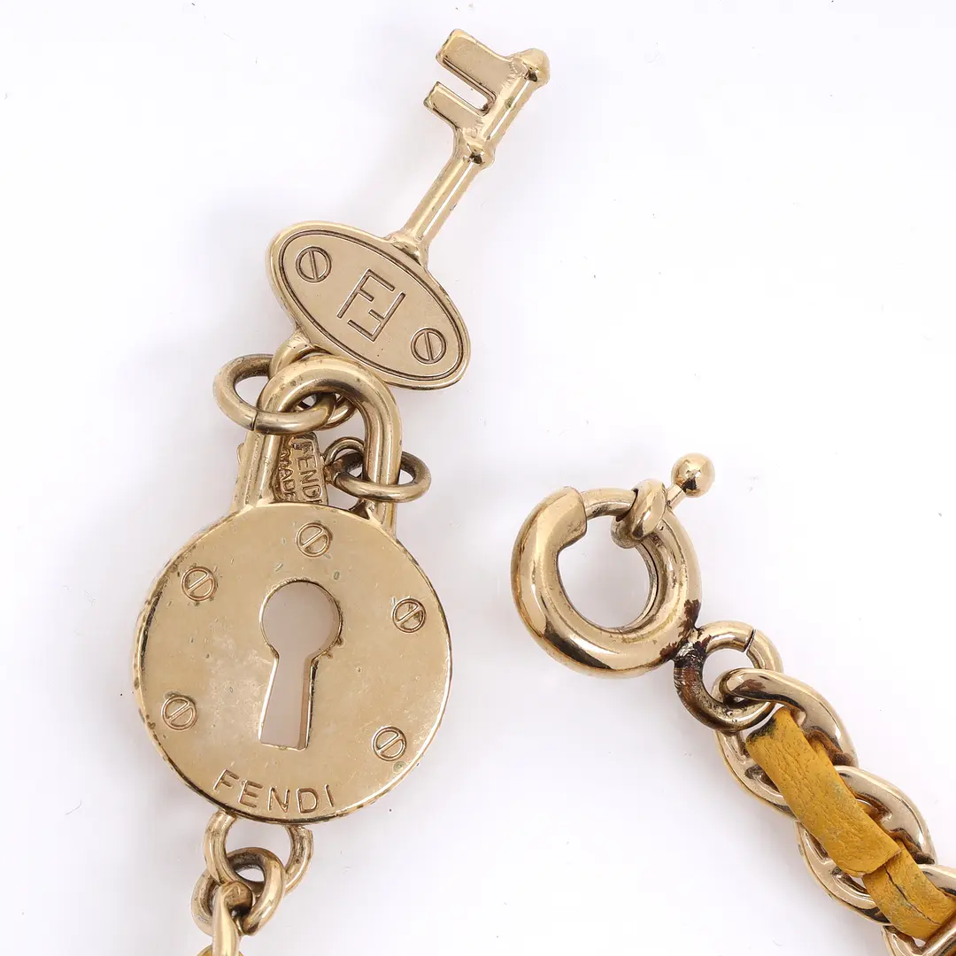 Fendi Lock and Key Yellow Leather Chain Bracelet
