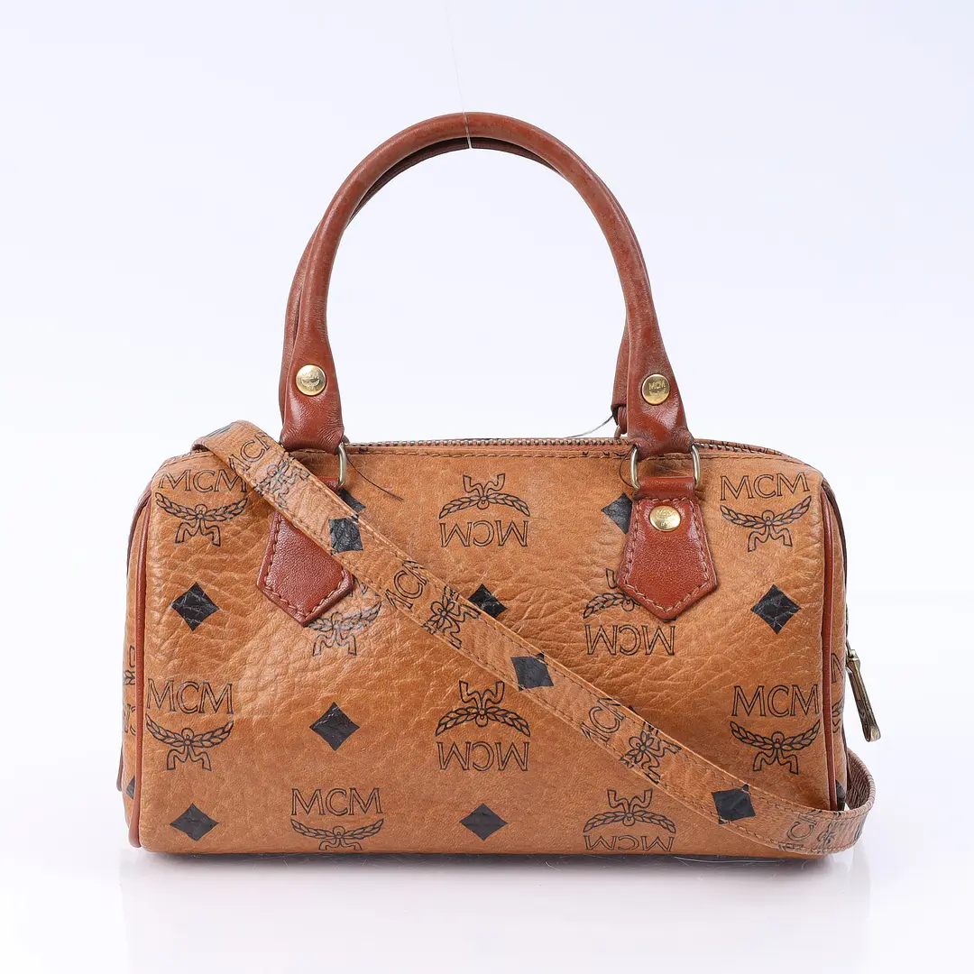 MCM Visetos Boston Brown Canvas Shoulder Bag