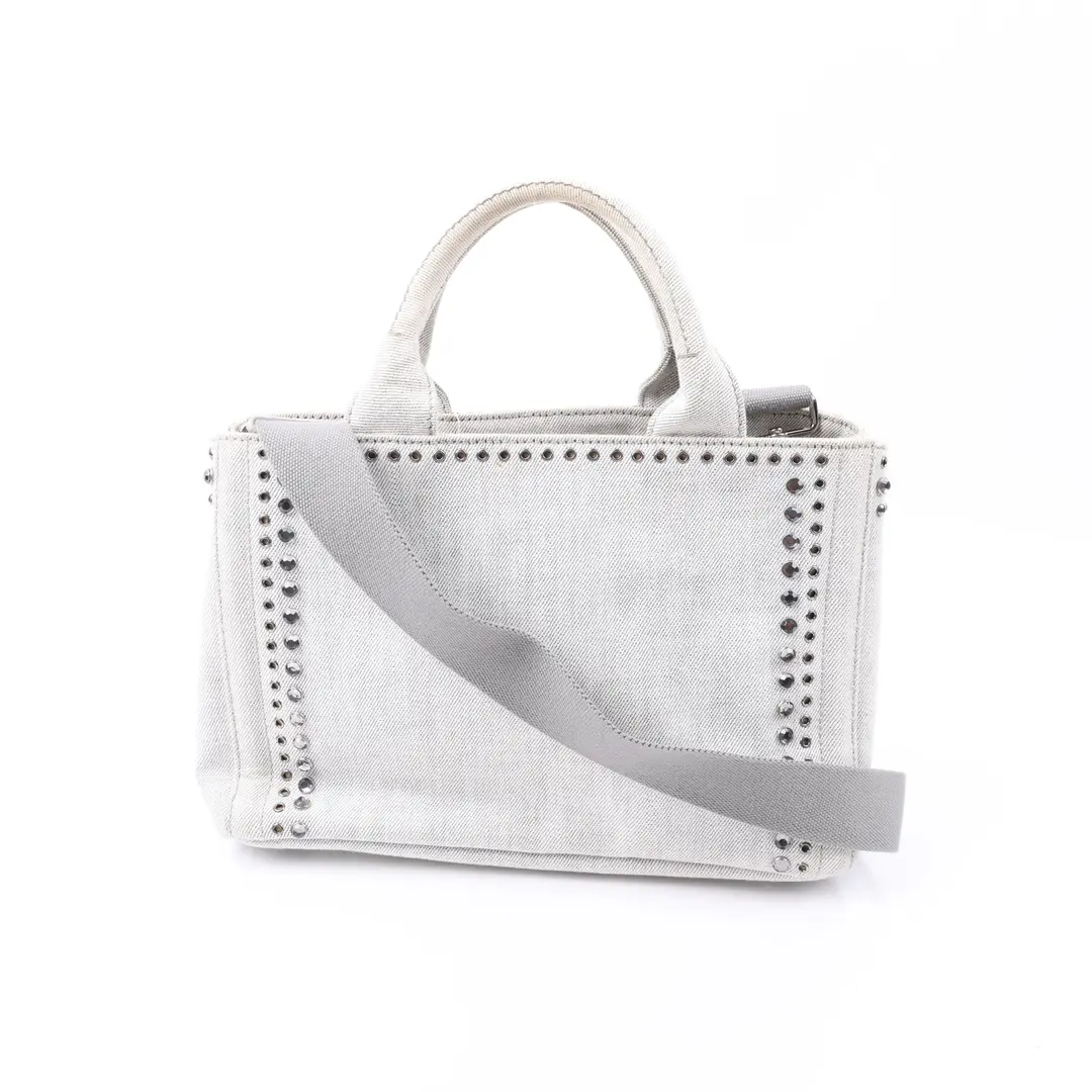 Prada Canapa Studded White Denim Tote Bag