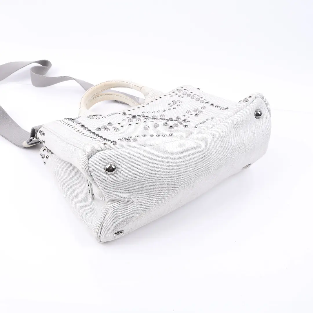 Prada Canapa Studded White Denim Tote Bag