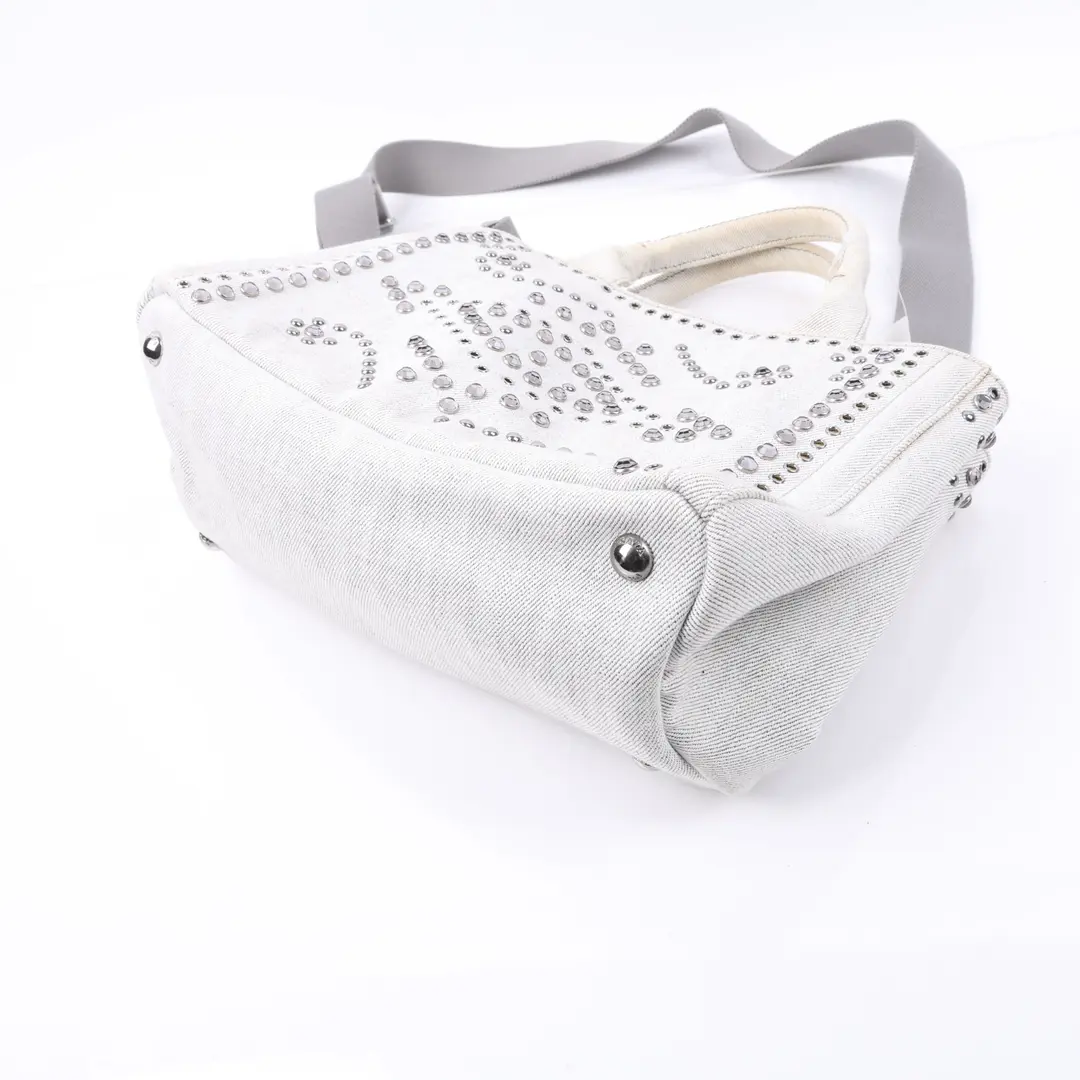 Prada Canapa Studded White Denim Tote Bag