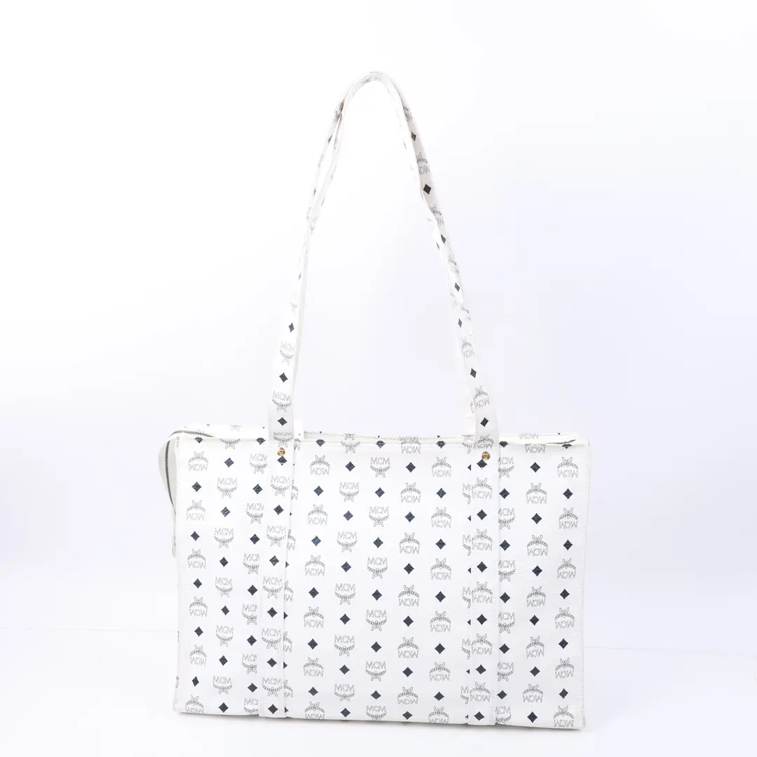 MCM Visetos White Canvas Tote Bag