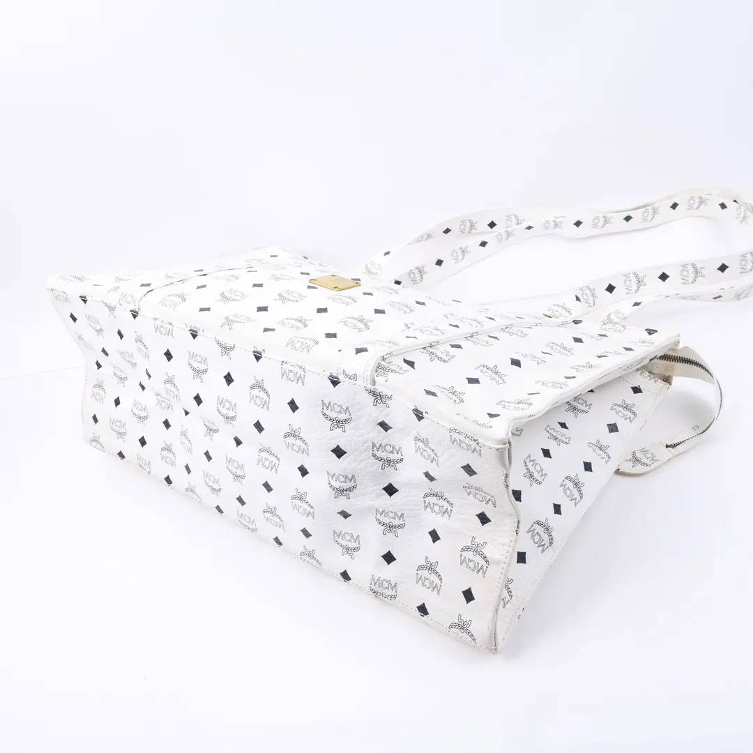 MCM Visetos White Canvas Tote Bag