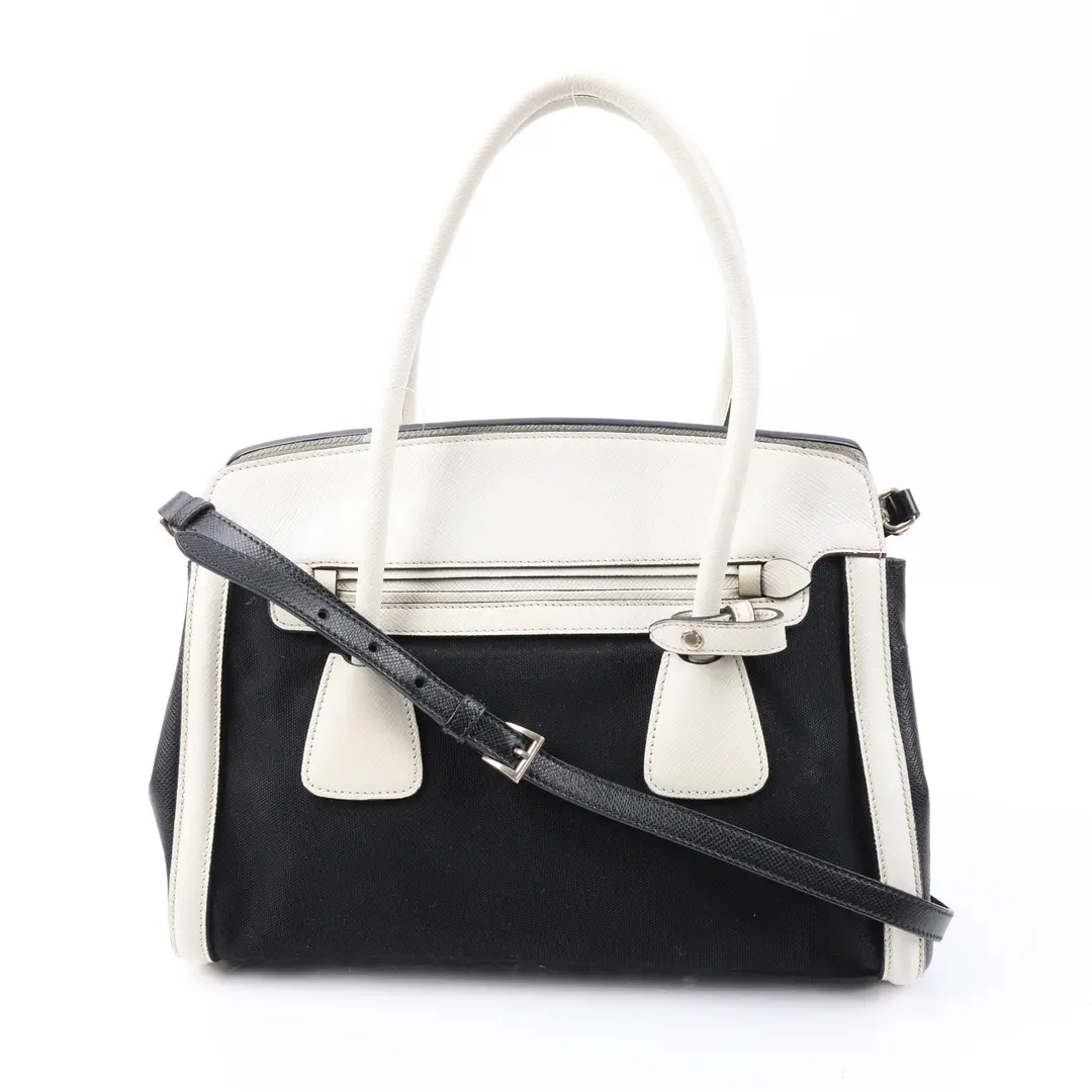 Prada Saffiano Trim Canvas Black White Shoulder Bag