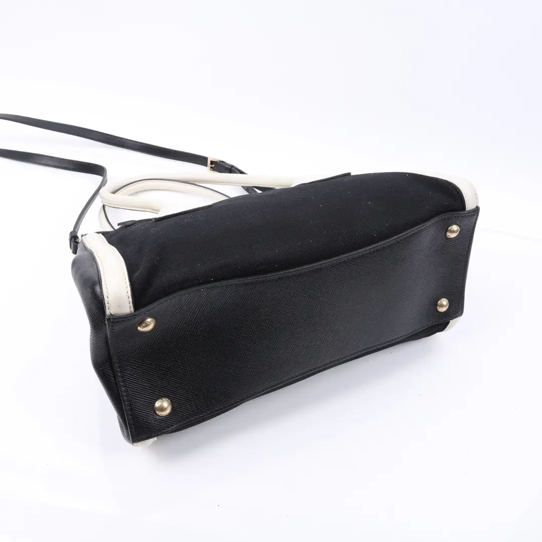 Prada Saffiano Trim Canvas Black White Shoulder Bag