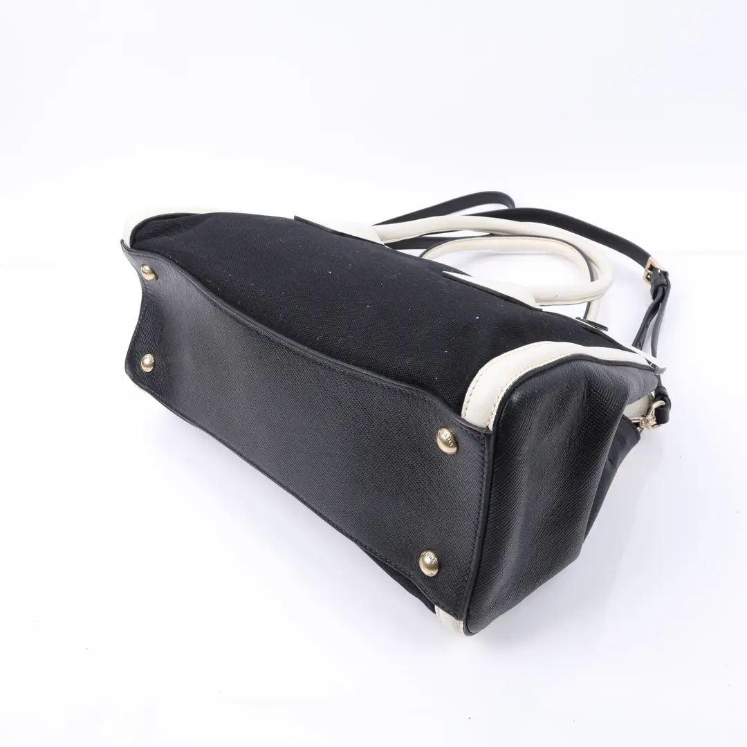 Prada Saffiano Trim Canvas Black White Shoulder Bag