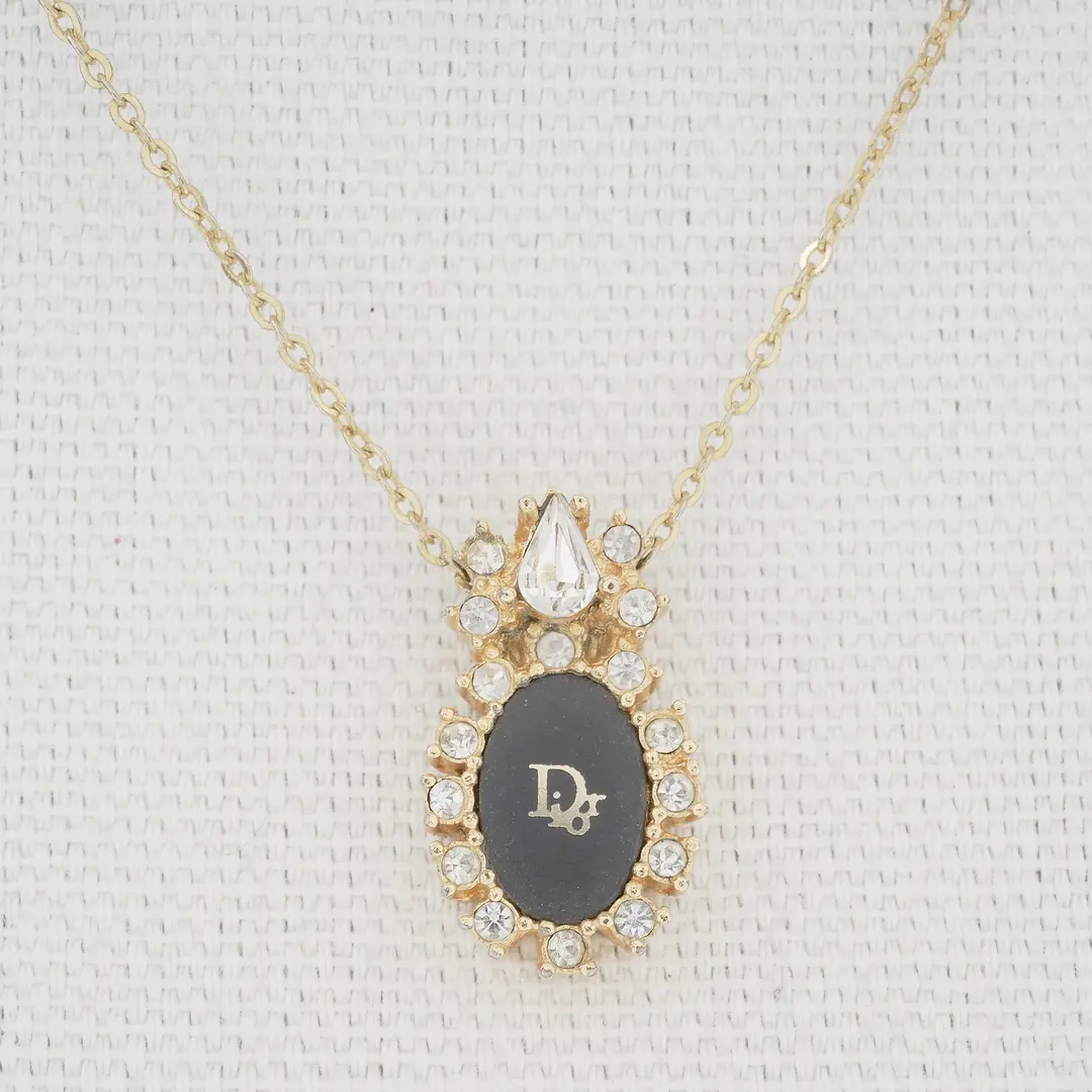 Dior Vintage Logo Black Enamel Gold Necklace