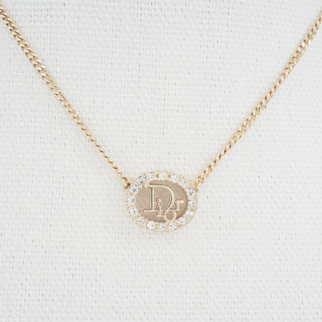Dior Logo Rhinestone Circle Gold Necklace