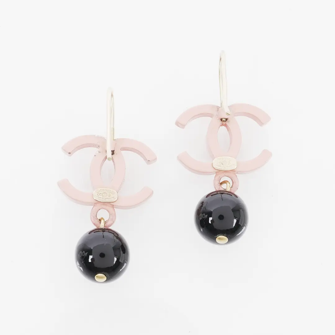 Chanel CC Logo Pink Black Enamel Drop Earring