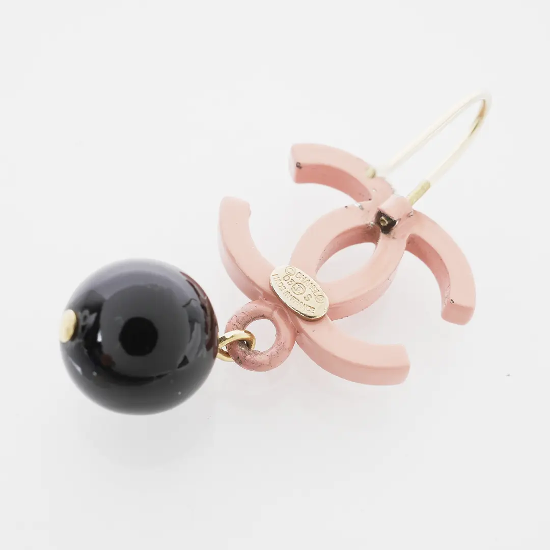 Chanel CC Logo Pink Black Enamel Drop Earring