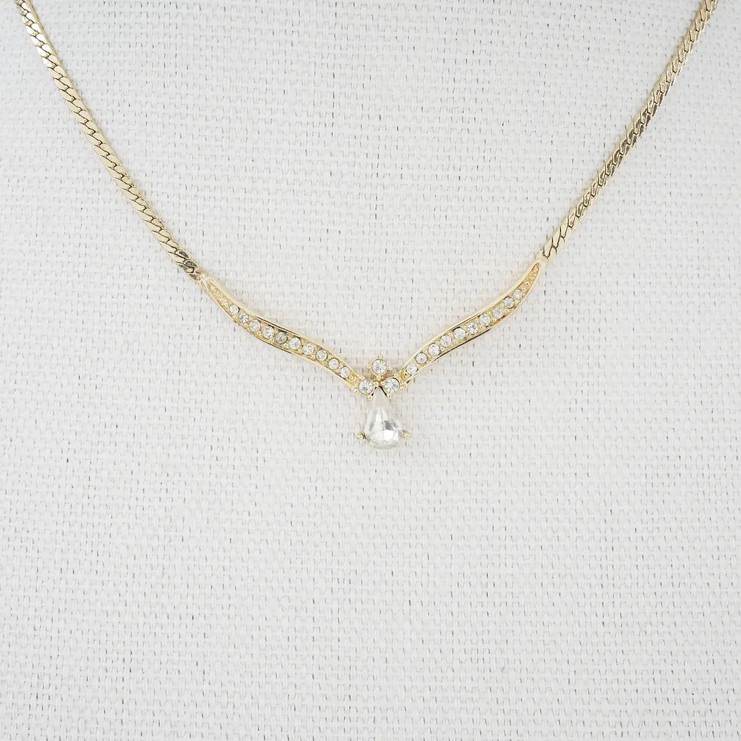 Dior Vintage V-Shape Crystal Drop Gold Necklace