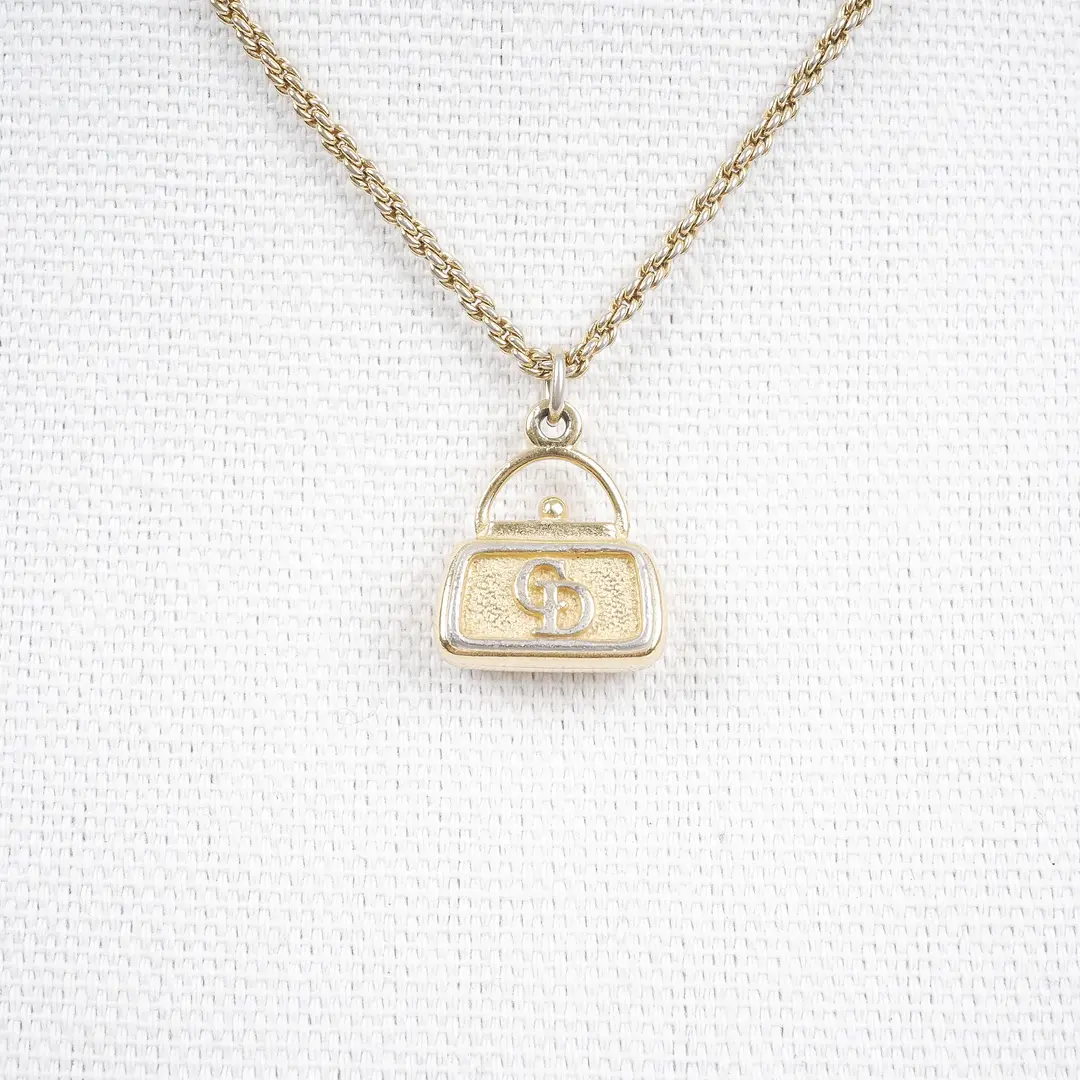 Dior Vintage Handbag Motif Gold Metal Necklace