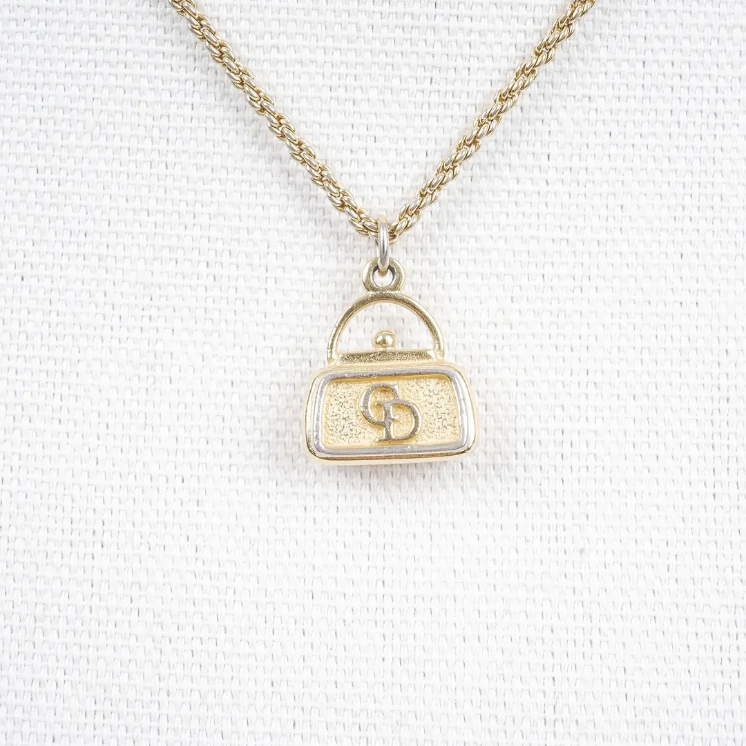 Dior Vintage Handbag Motif Gold Metal Necklace