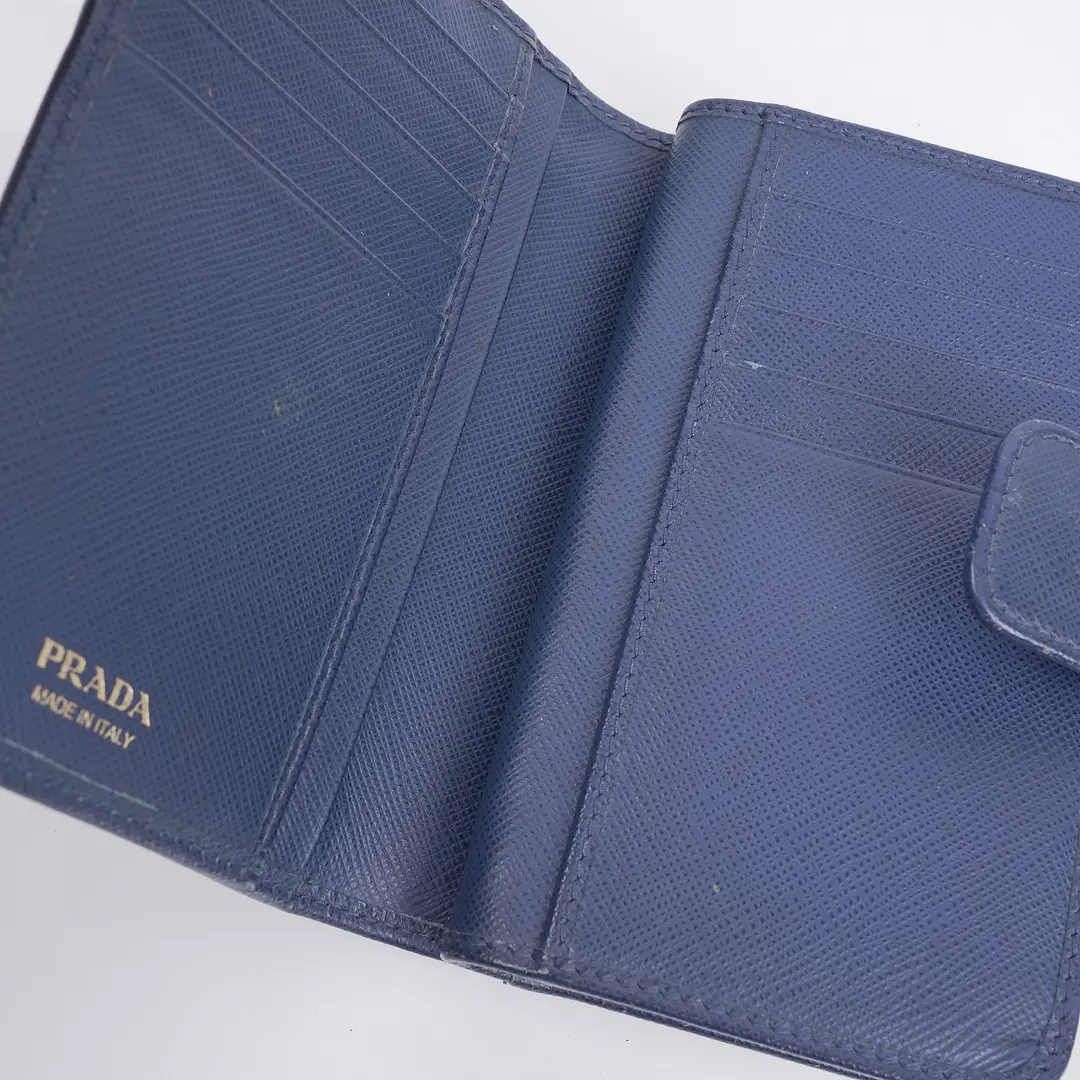 Prada Saffiano Metal Blue Leather Compact Wallet