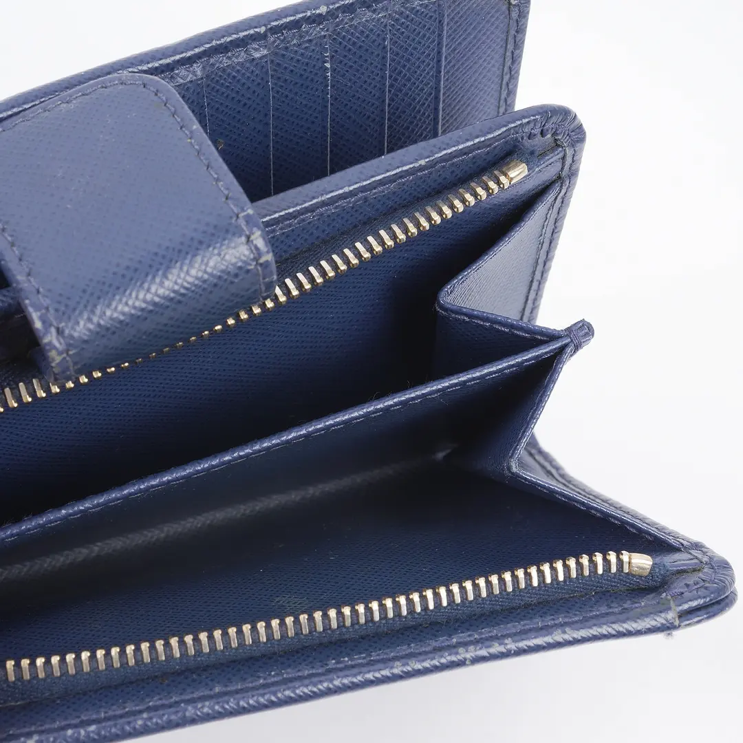 Prada Saffiano Metal Blue Leather Compact Wallet