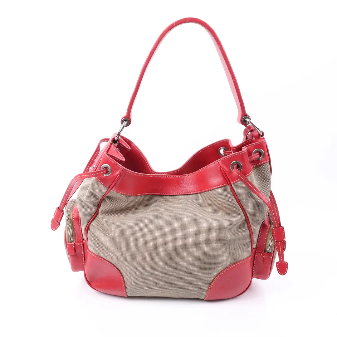 Prada Logo Jacquard Beige Red Canvas Shoulder Bag