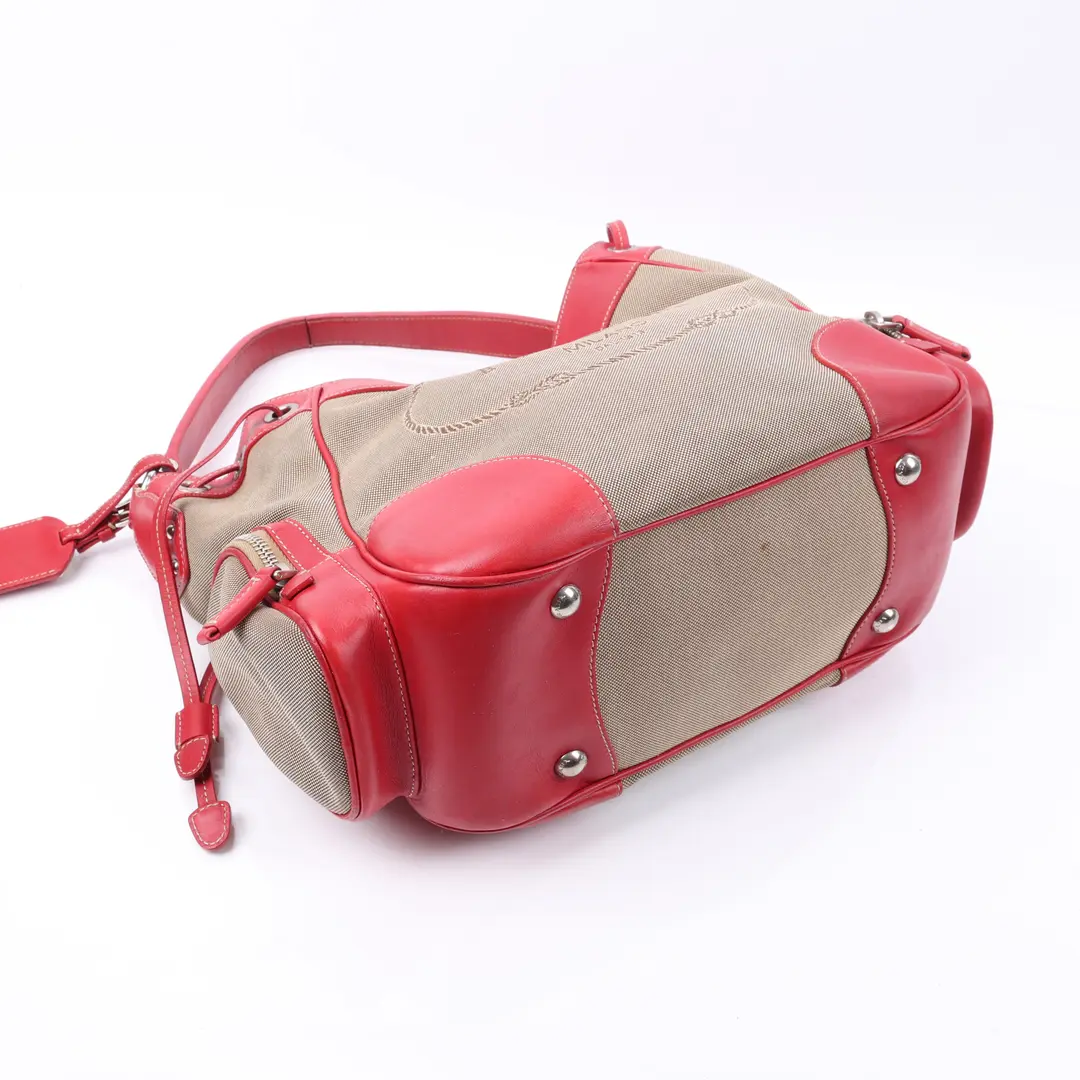 Prada Logo Jacquard Beige Red Canvas Shoulder Bag