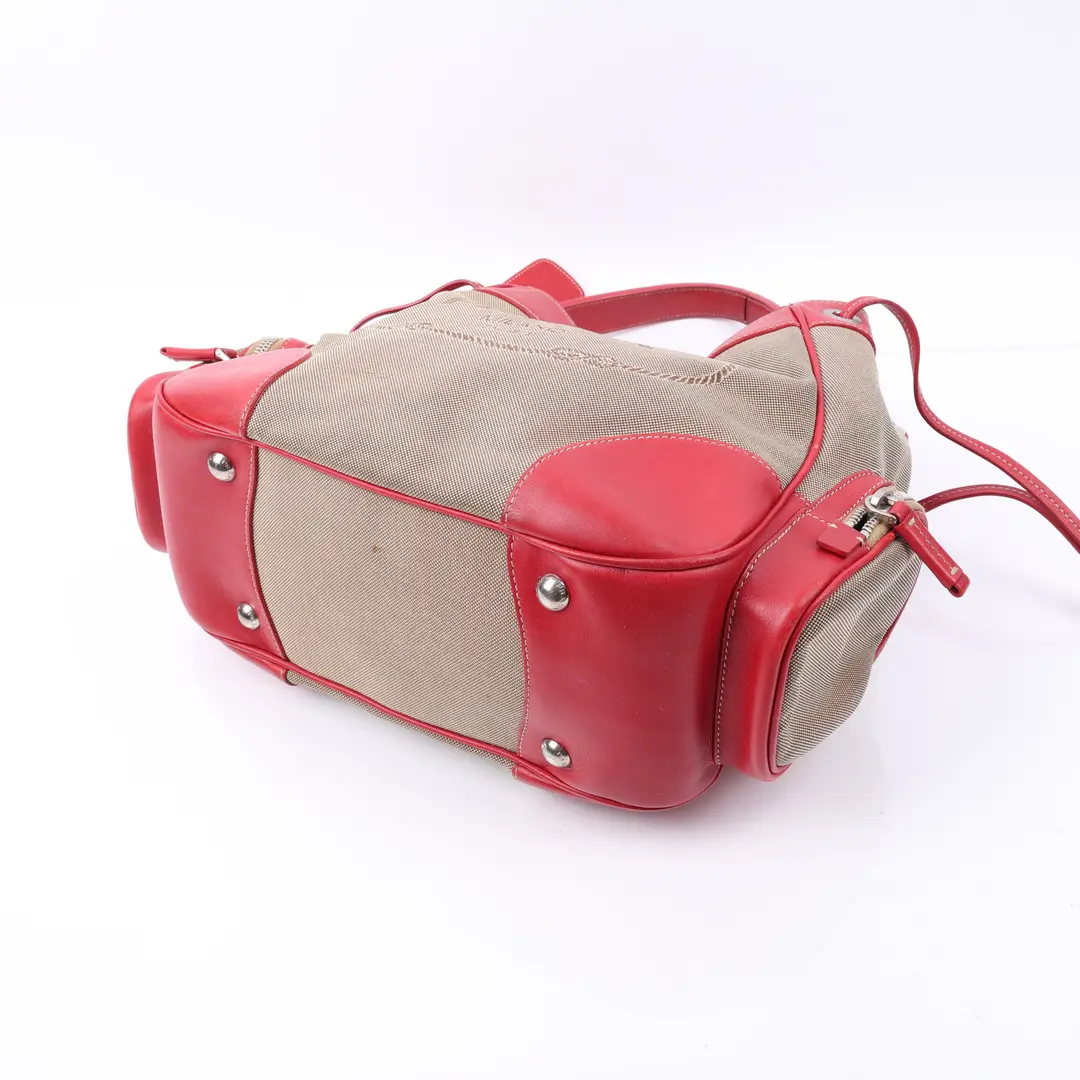 Prada Logo Jacquard Beige Red Canvas Shoulder Bag