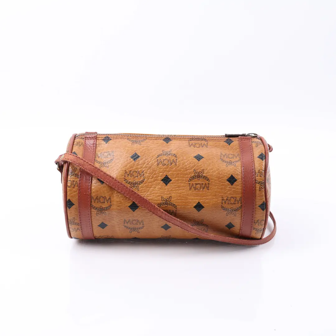 MCM Visetos Barrel Brown Canvas Shoulder Bag
